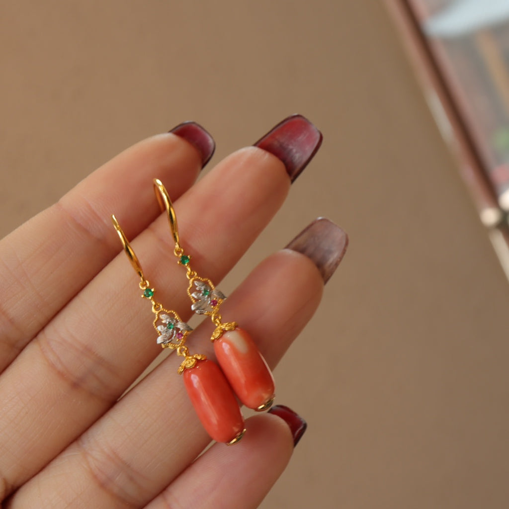 Natural Red Coral Momo Long Tube Earrings, 925 Silver Plated with Thick Gold Inlay