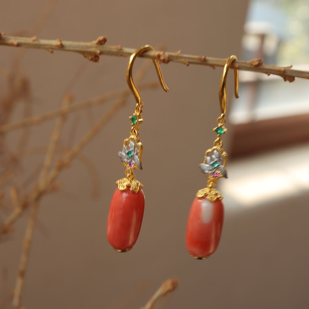 Natural Red Coral Momo Long Tube Earrings, 925 Silver Plated with Thick Gold Inlay