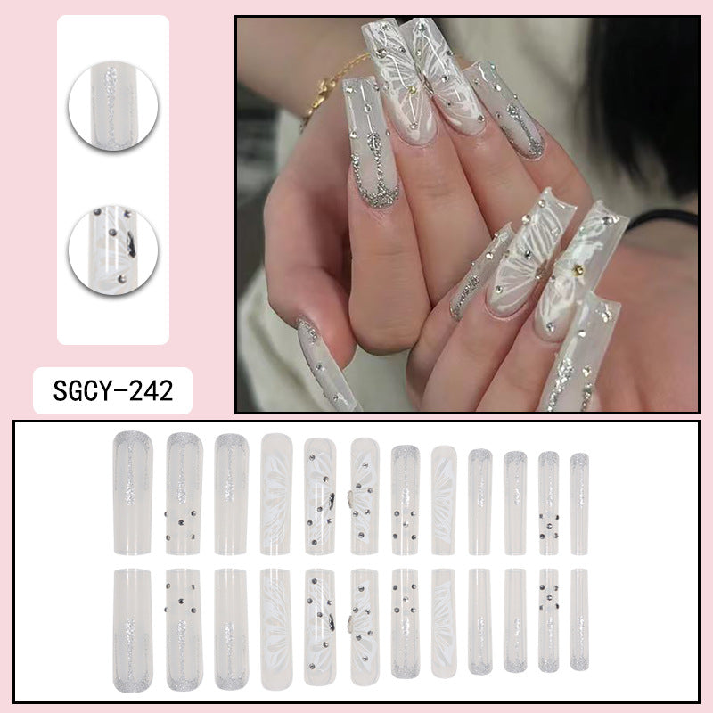 Long Water Pipe Nail Cross-Border Butterfly Wear Nail Foreign Trade French Diamond in the Debris Glitter Fake Nails Press on Nails
