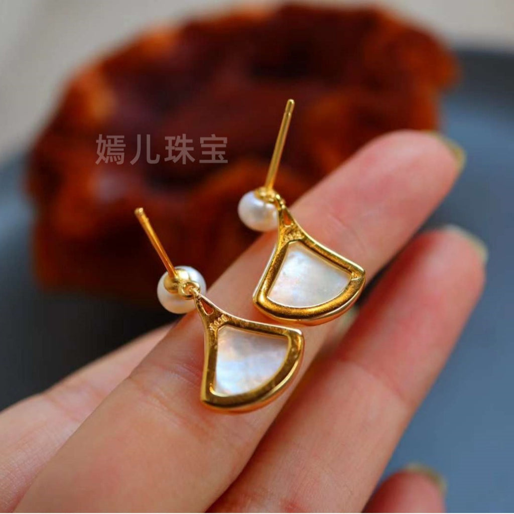 natural pearl white oyster pendant stud earrings set full body S925 silver thick gold plated inlay fashion and simple