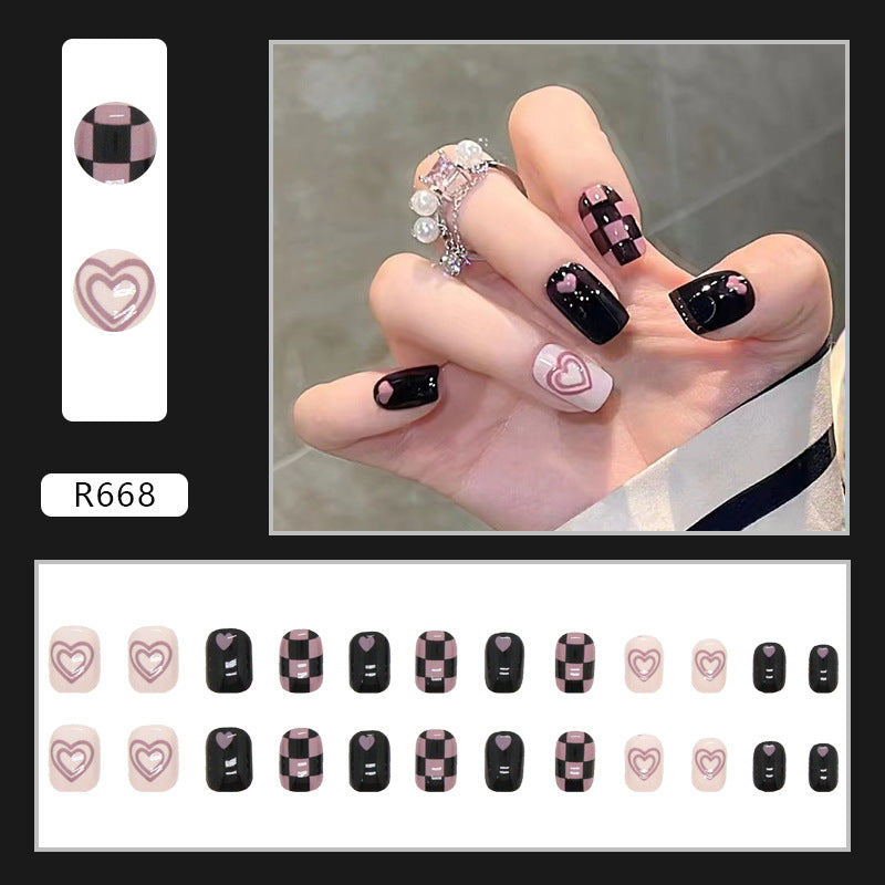 Hot Girl Sweet Cool Ins Style Wear Nail Pink Love Impact Black Purple Chess Plate Plaid Temperament Full Nail Beauty Piece