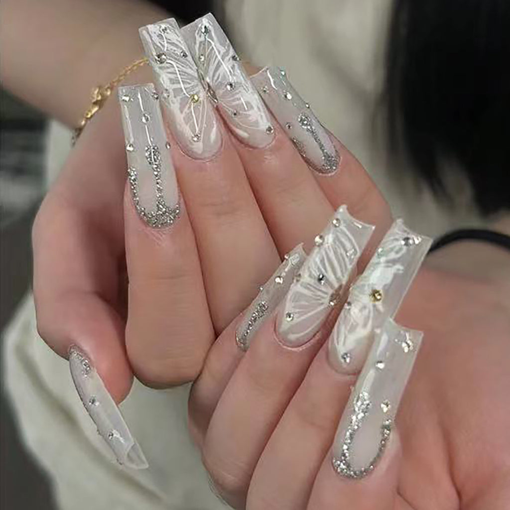 Long Water Pipe Nail Cross-Border Butterfly Wear Nail Foreign Trade French Diamond in the Debris Glitter Fake Nails Press on Nails