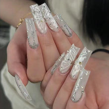 将图片加载到图库查看器，Long Water Pipe Nail Cross-Border Butterfly Wear Nail Foreign Trade French Diamond in the Debris Glitter Fake Nails Press on Nails